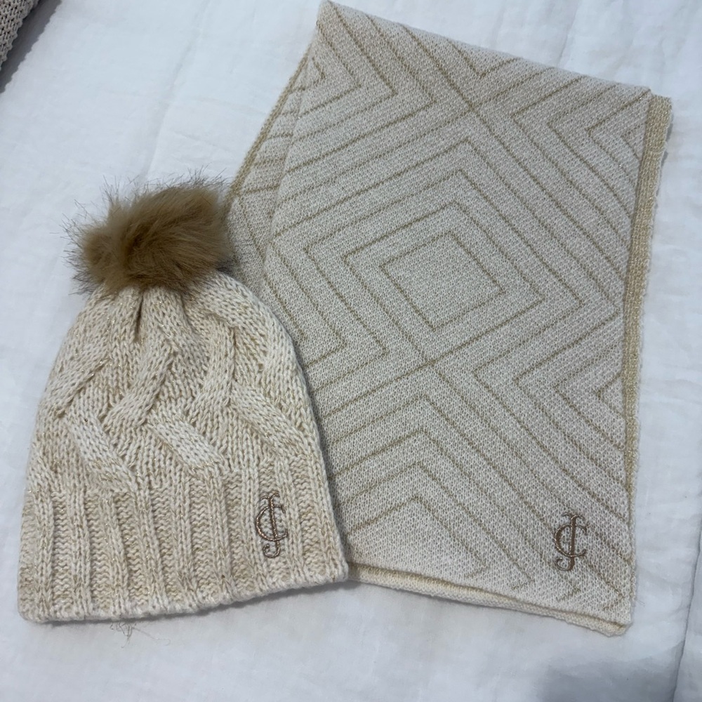 Juicy Couture Cream Knit Scarf and Hat Set